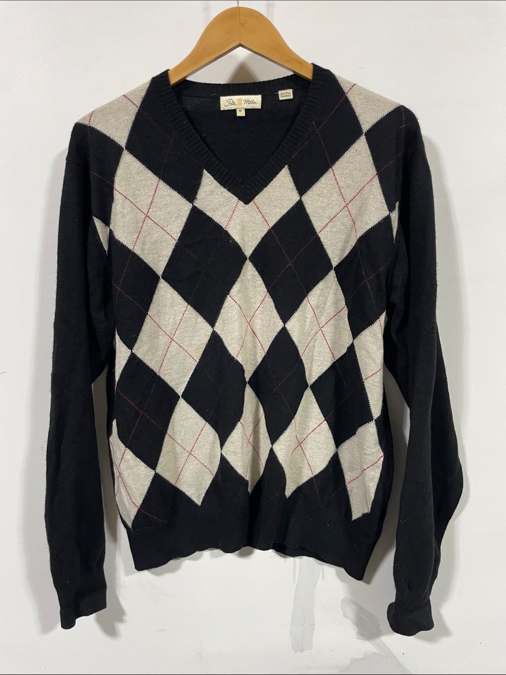 Peter Millar Black and Cream Argyle V-Neck Sweater with Red Accents